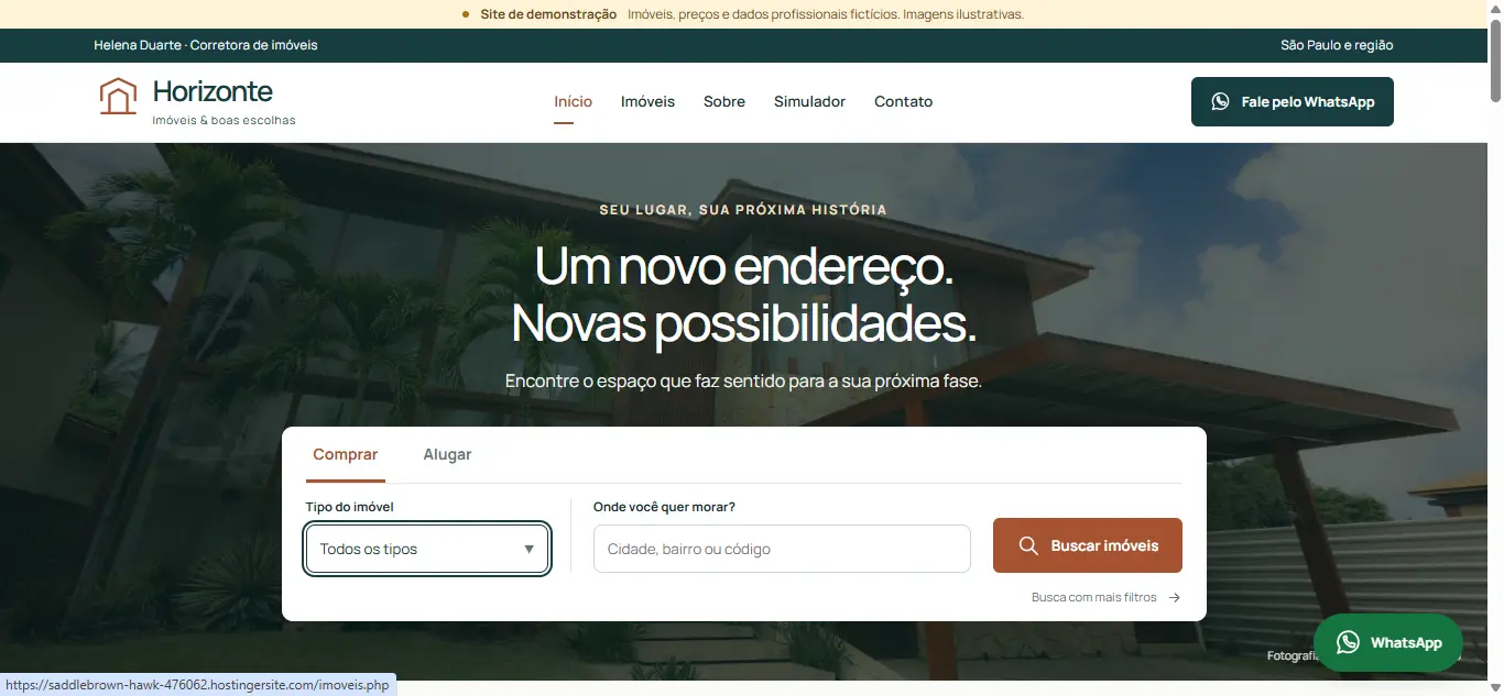 Página inicial da demonstração imobiliária Horizonte
