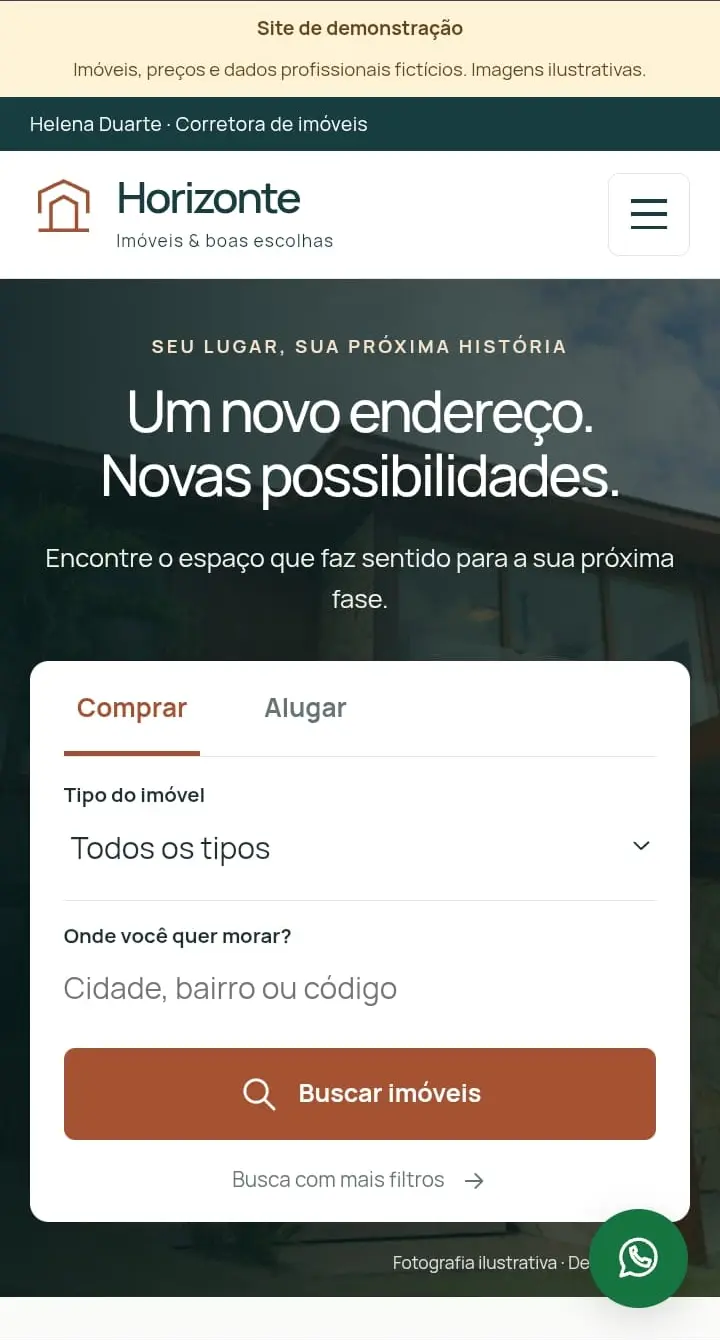 Página inicial da demonstração imobiliária em celular