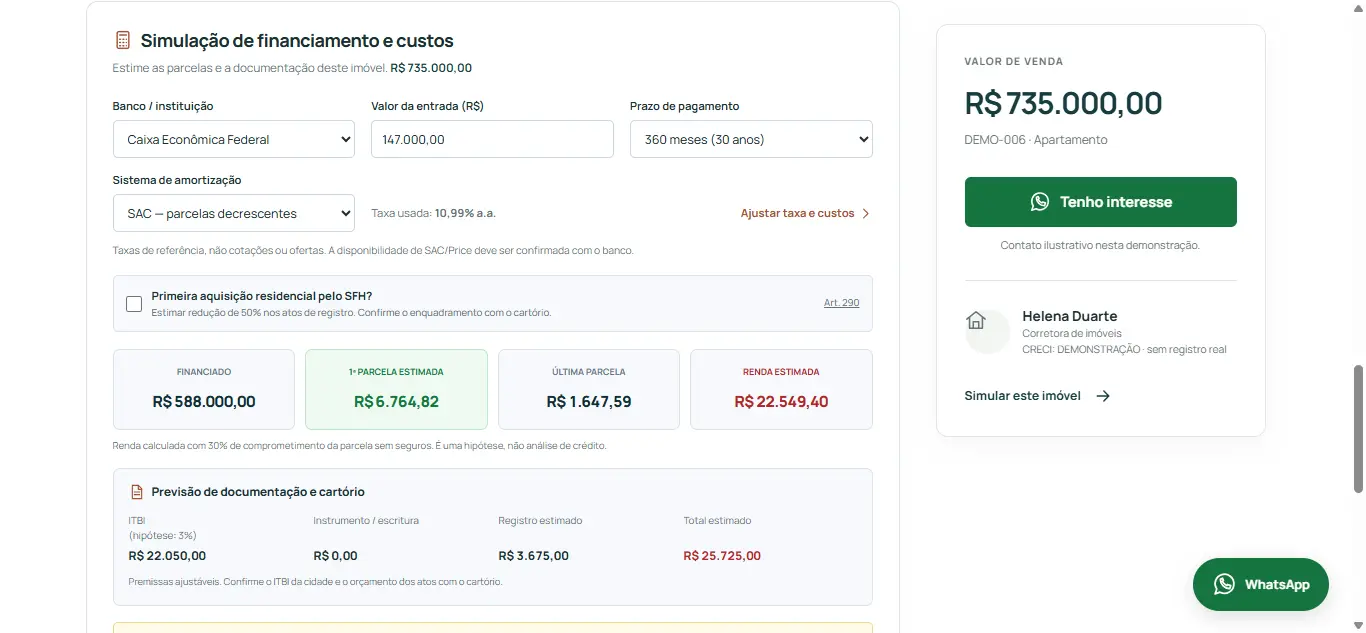 Simulador real de financiamento com entrada, prazo, sistema de amortização e valores estimados